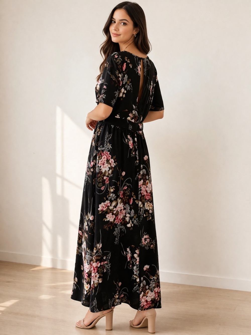 Black Floral Maxi Dress Surplice Neck Short Sleeve Flowy Women’s Size L - Picture 2 of 3